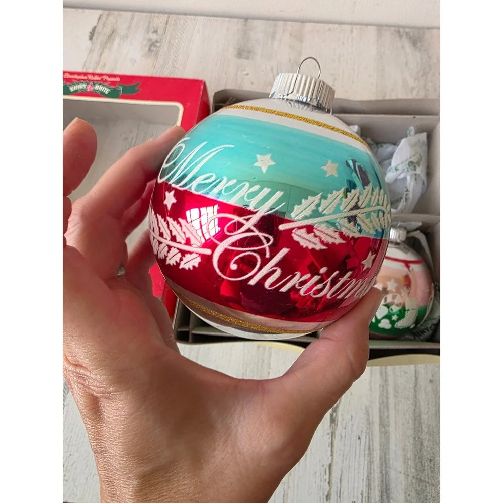 Vintage shiny brite jumbo ornament stencil toy striped set Xmas tree tournaments